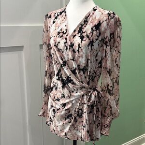 Anne Klein Floral Wrap Blouse - Pink and Black. Size M
